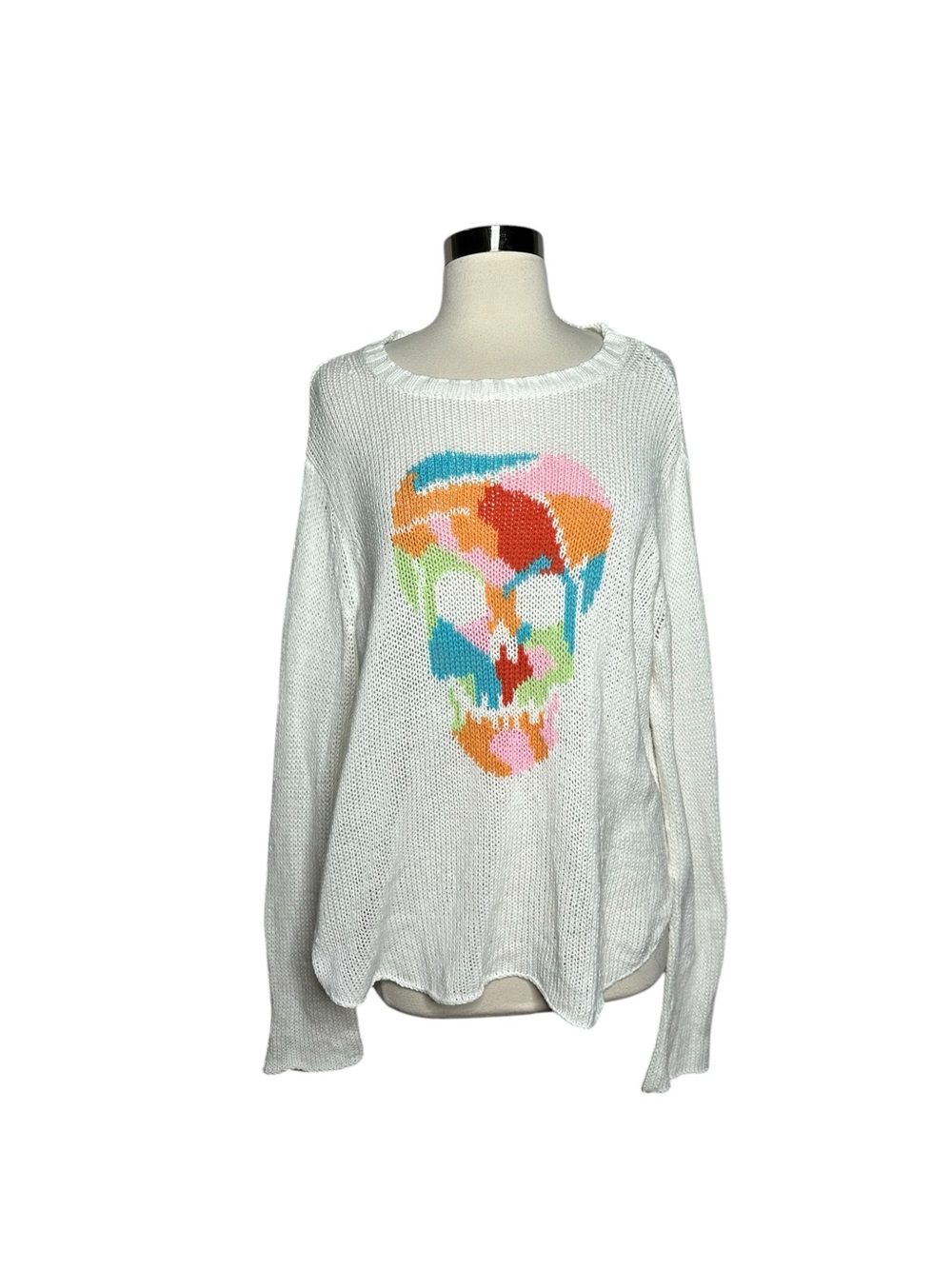 Wooden Ships Multi-Color Patchwork Skull Open Knit Sweater White - M/L